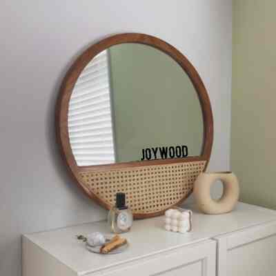 Cermin dinding jati dan rattan webbing