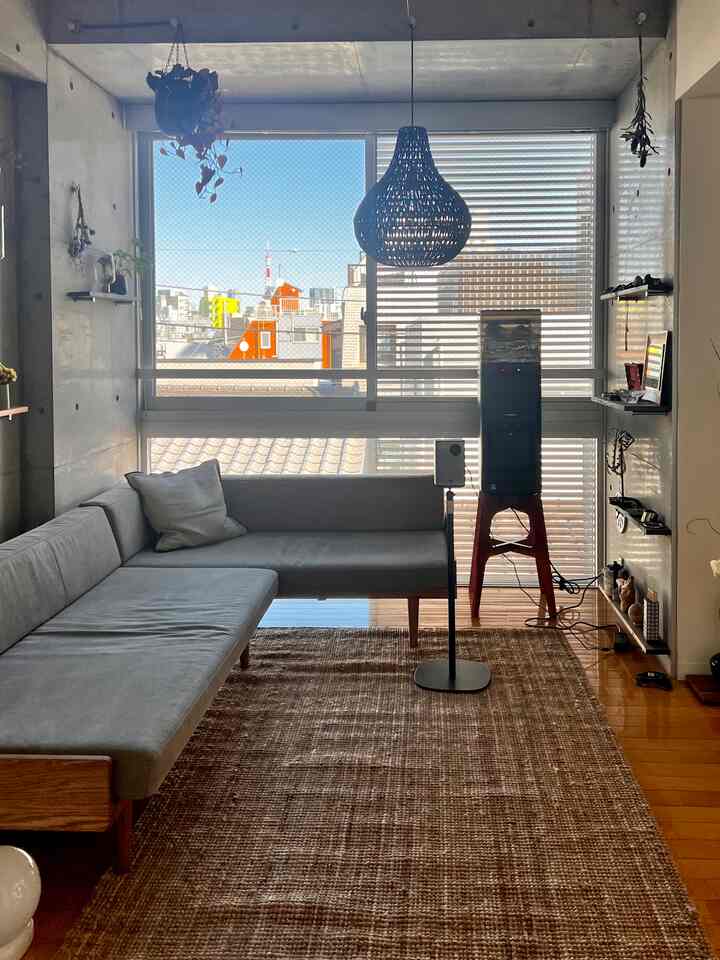 Natural-tone studio living room with gray sofa and brown rug, large window letting in natural light