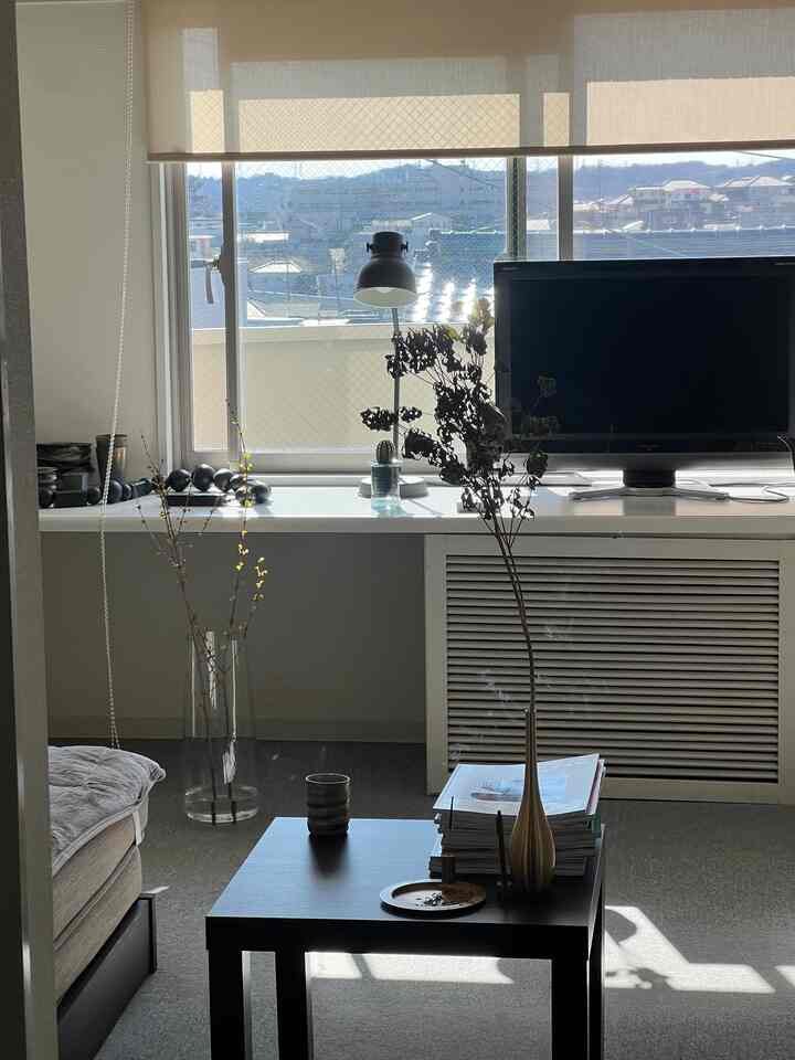 Charcoal and gold accented living room featuring a modern simple space with a central vase and books