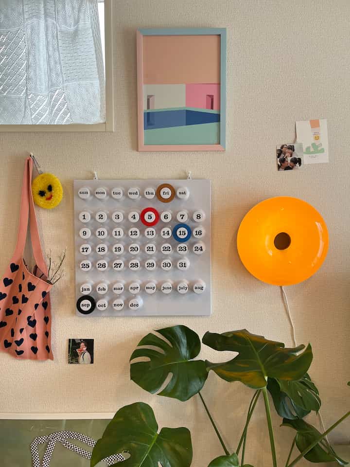 Pink and blue toned studio apartment wall featuring an orange donut-shaped wall lamp, wall decor, and a large green plant in a neat space