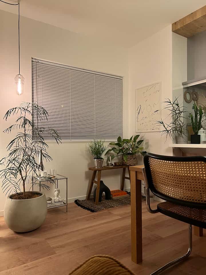 ライトブラウンの木目調と植物が配置された落ち着いたダイニング、清潔でシンプルな雰囲気のインテリア