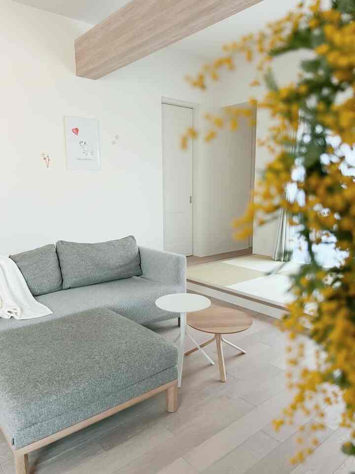 Natural tone living room featuring a gray sofa, small side tables, and a mimosa plant in the foreground creating a cozy atmosphere