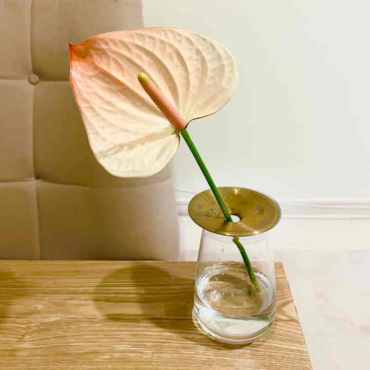 Natural wood table with a transparent glass vase and a gold metal plate, simple interior accessory
