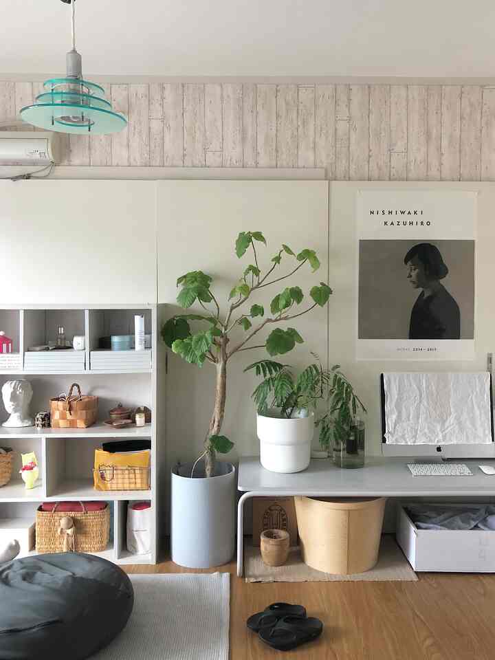 白とナチュラルカラーのリビング、シンプルなデスクと植物が配置された雰囲気のある空間