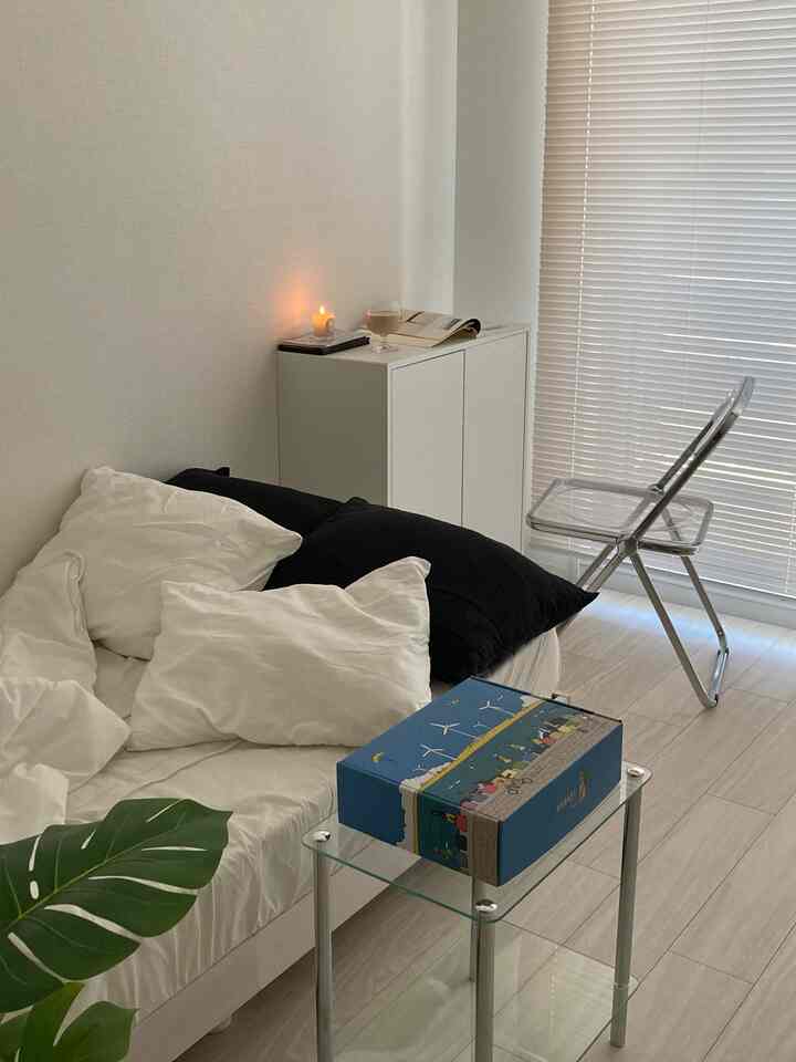 Minimal white-toned small living room featuring a white sofa and transparent folding chair with natural accents like a plant