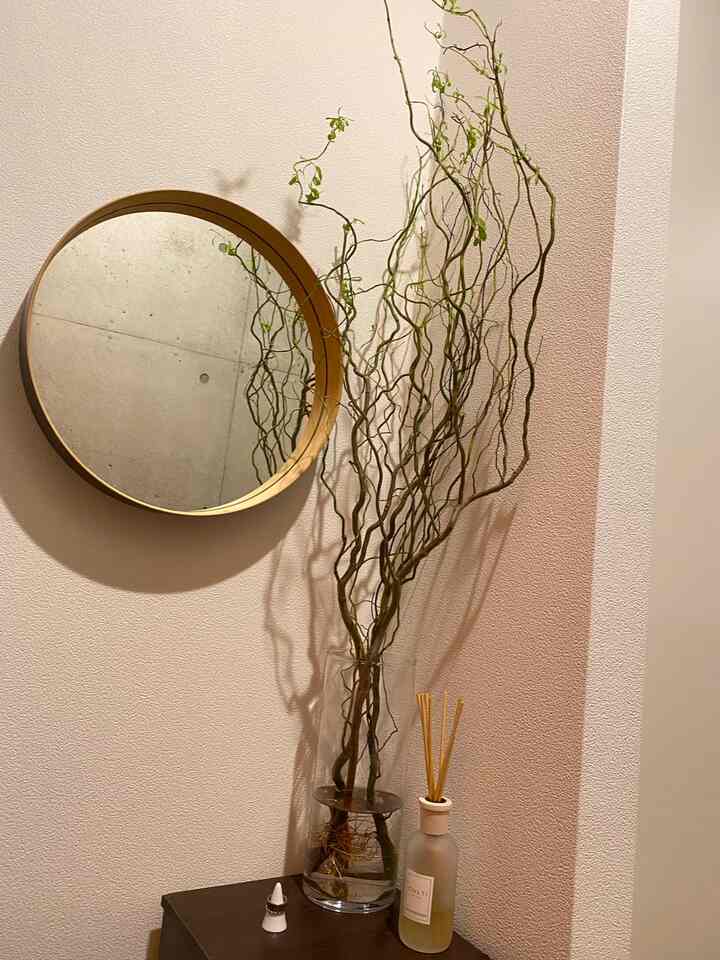 白い壁と茶色の木製テーブルがある玄関、ガラスの花瓶に細い枝とディフューザーが置かれたナチュラルな雰囲気のインテリア