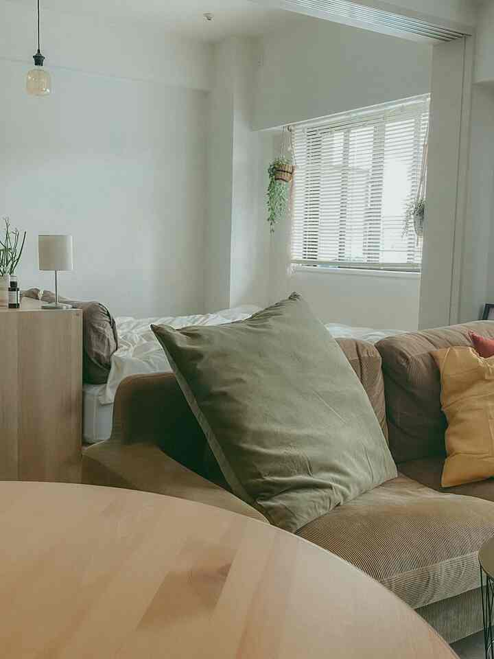 白い壁と天井、ナチュラルブラウンのソファとクッションが配置された1LDKのリビング兼寝室の空間