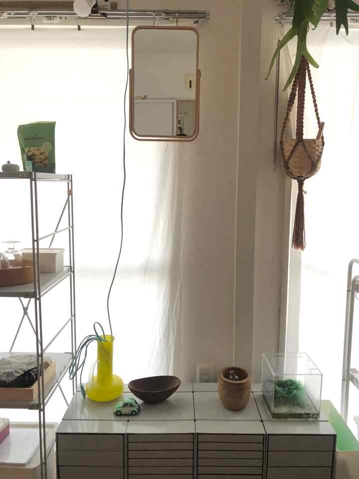 白と木目調の調和が取れた小さな空間、鏡や植物、ディフューザーが配置された清潔で自然なインテリア