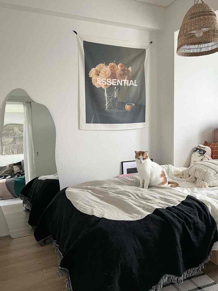 Natural tone small 4.5 tatami bedroom with white and black contrasts, a cat sitting on the bed, natural decor elements