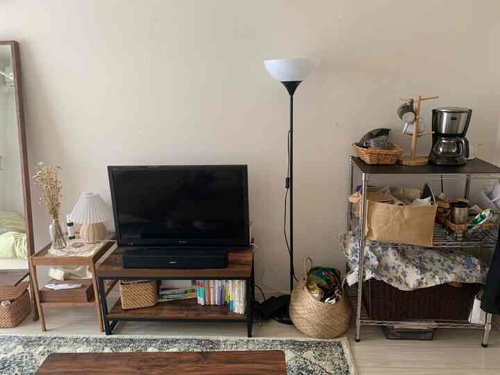 白い壁とブラウンの家具が調和するリビング、テレビ台、フロアランプ、猫がいる収納ラックが配置された温かみのある空間