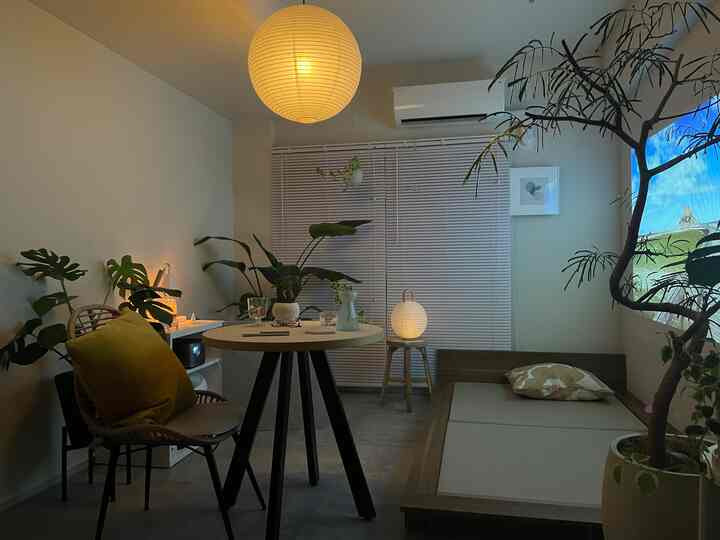 ナチュラルトーンの木製家具と植物が配置された6畳ほどの一人暮らし向けホームシネマ兼リビング空間