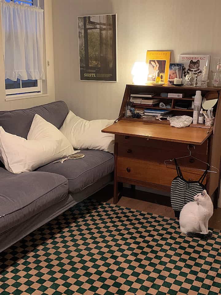 Living room with white walls, brown desk, and gray sofa featuring a white cat sitting on a patterned rug, creating a cozy atmosphere