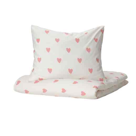 BARNDRÖM, Sarung duvet dan sarung bantal, pola hati putih/merah muda, 150x200/50x80 cm