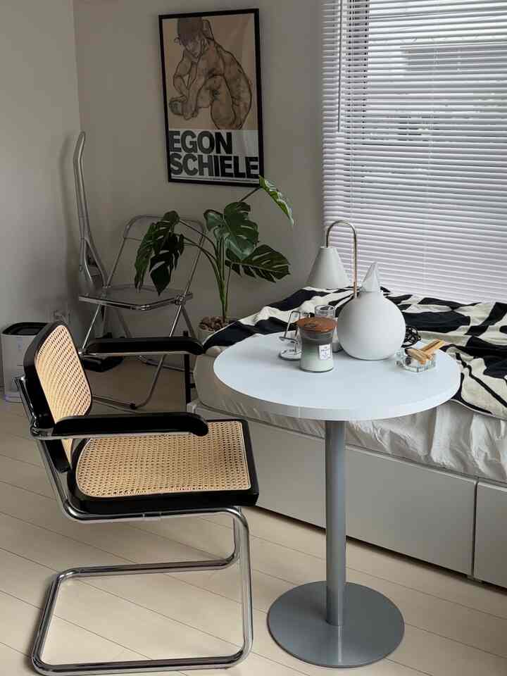 White and natural tone studio apartment featuring a rattan armchair, round table, and large plant in a cozy atmosphere