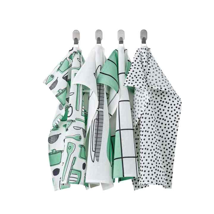 RINNIG Tea towel, white/green/patterned, 45x60 cm