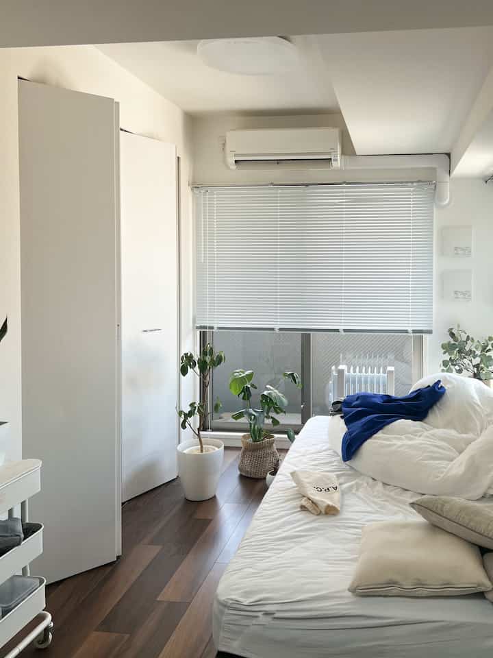 Bright white and wood tone studio apartment featuring a white sofa bed, blinds, and plants near the window creating a clean interior