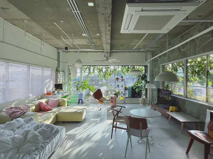 明るい自然光が差し込む、黄色いソファとペンダントライトが配置されたミッドセンチュリーモダンなリビング空間