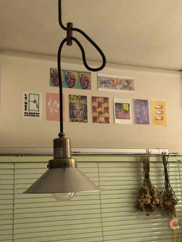 緑色のブラインドとヴィンテージのペンダントライトがある落ち着いたダイニング、壁にカラフルなウォールデコが配置された印象的な空間