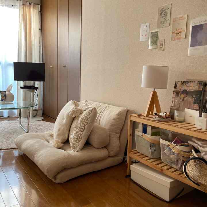 ベージュと木目調の落ち着いた狭いリビング、ソファベッドとテレビ、木製棚が配された雰囲気のあるインテリア