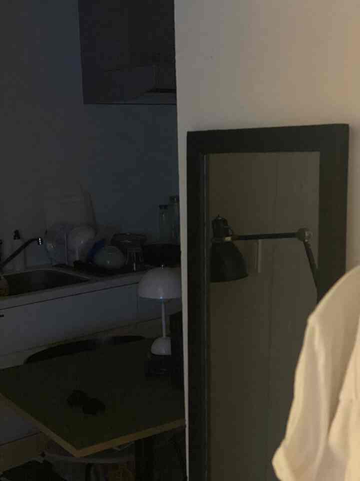 ホワイトとブラックのトーンのキッチンと鏡、フロアランプが配置された暗めの雰囲気のインテリア