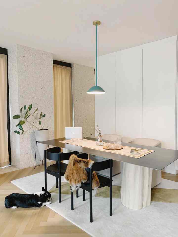 Natural color and wood tone dining room featuring a black dining table, pendant light, and a dog lying on the floor