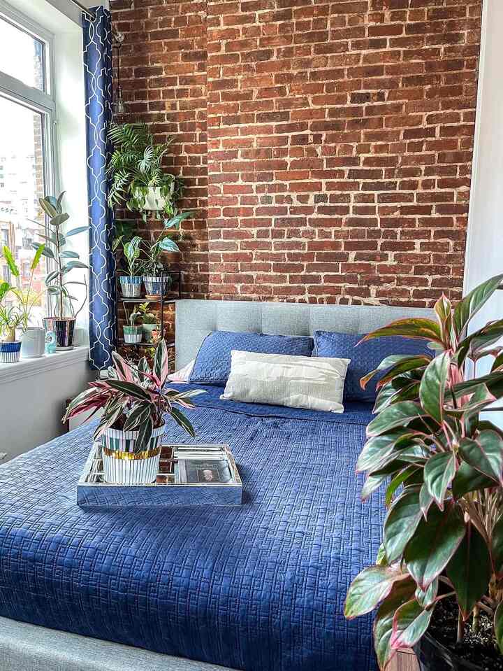 Cozy bedroom with exposed red brick wall and deep blue bedding, featuring multiple plants and a small cabinet