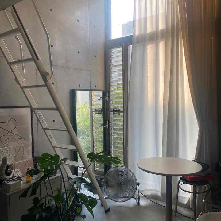 ホワイトとグリーンのトーンが調和した狭い部屋、はしご、丸テーブル、大きな鏡、カーテンが配置された自然な雰囲気のインテリア