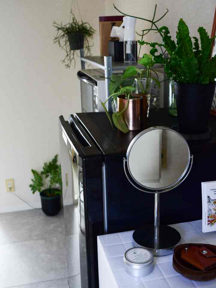 白いタイルのカウンターと黒い収納キャビネットがある玄関、植物が配置された自然な雰囲気のインテリア