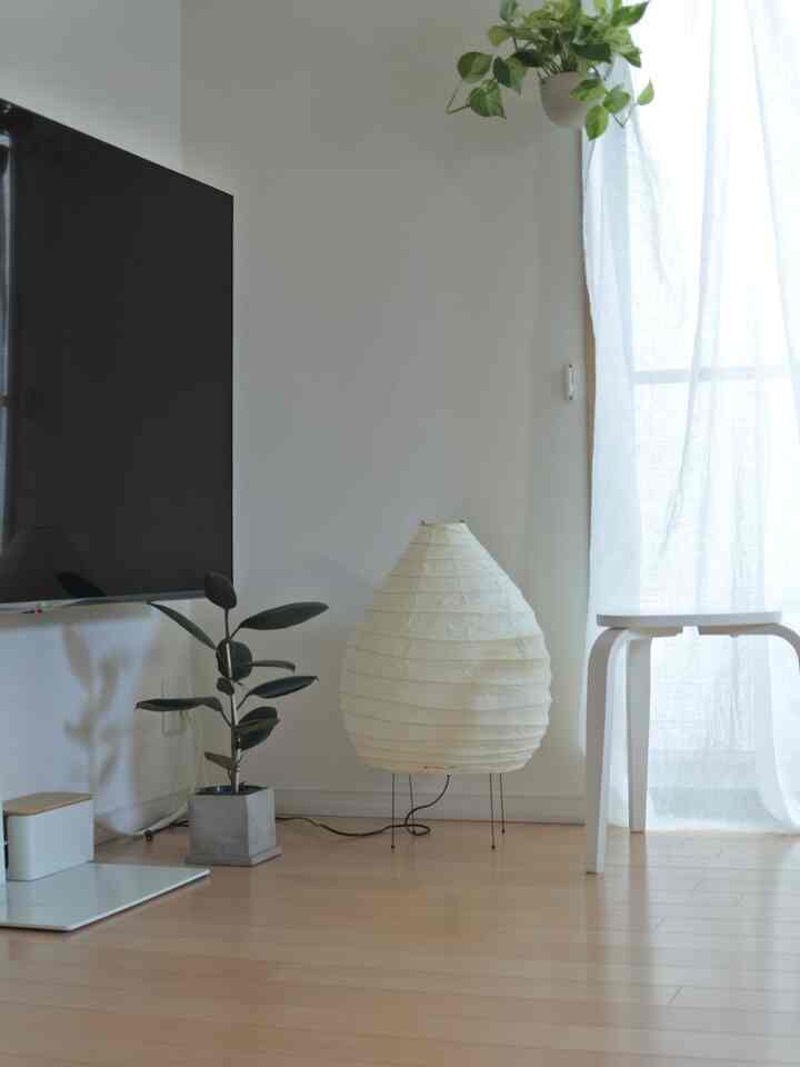 白とナチュラルカラーのリビング、観葉植物と紙製フロアランプ、テレビ台が配置された落ち着いた印象的な空間