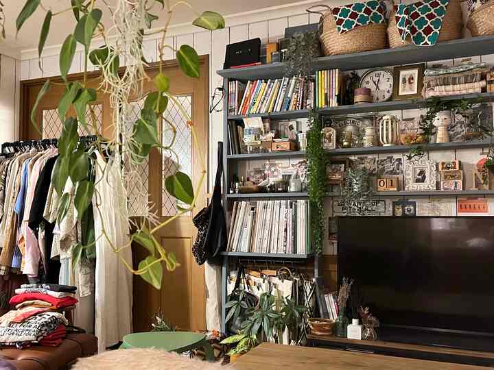 ナチュラルな木目調と緑の植物が調和したリビング、書棚とテレビ台が配置された落ち着いた雰囲気の空間