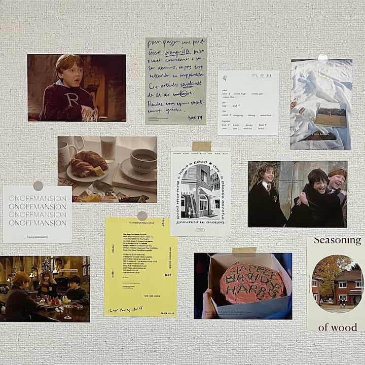 A white patterned wallpaper background featuring Harry Potter movie postcards and various postcards creating a sentimental wall decor space