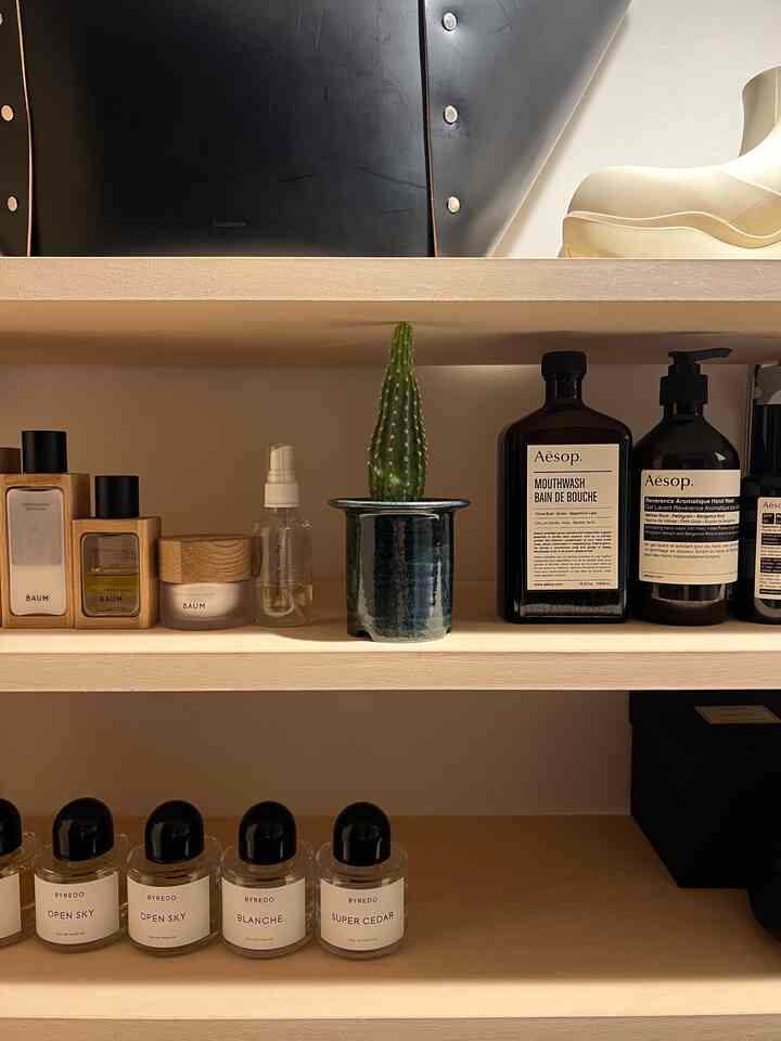 ベージュの木目調の棚にスキンケア製品とサボテンが置かれたナチュラルな雰囲気のバスルーム収納