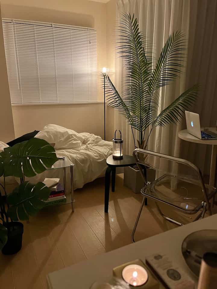 Natural color and white toned studio bedroom featuring plants, stools, and a transparent chair in a cozy modern space
