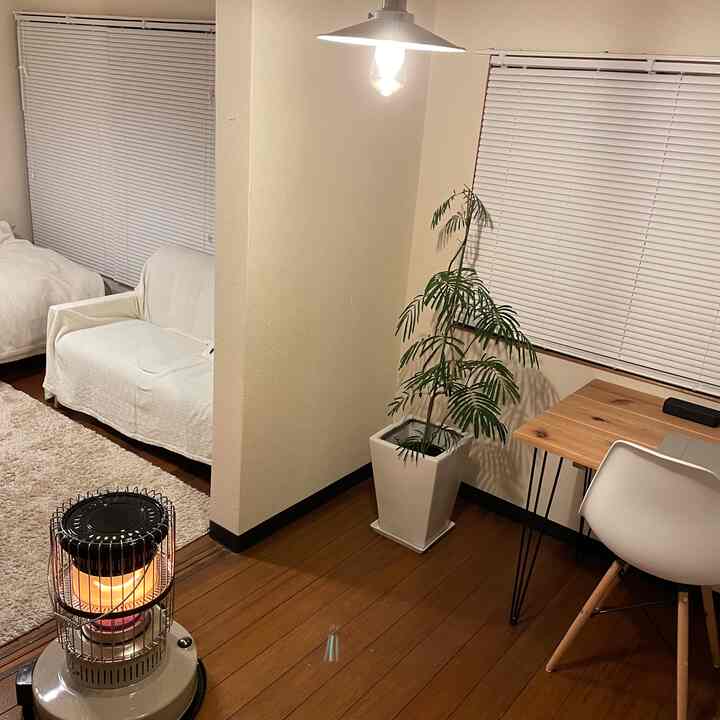 Natural-toned compact studio living room featuring white sofa, wooden desk, and green plant with cozy atmosphere