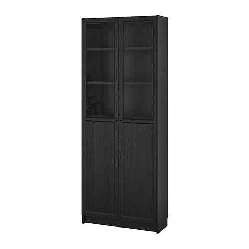 BILLY / OXBERG Bookcase with panel/glass doors, black oak effect, 80x30x202 cm
