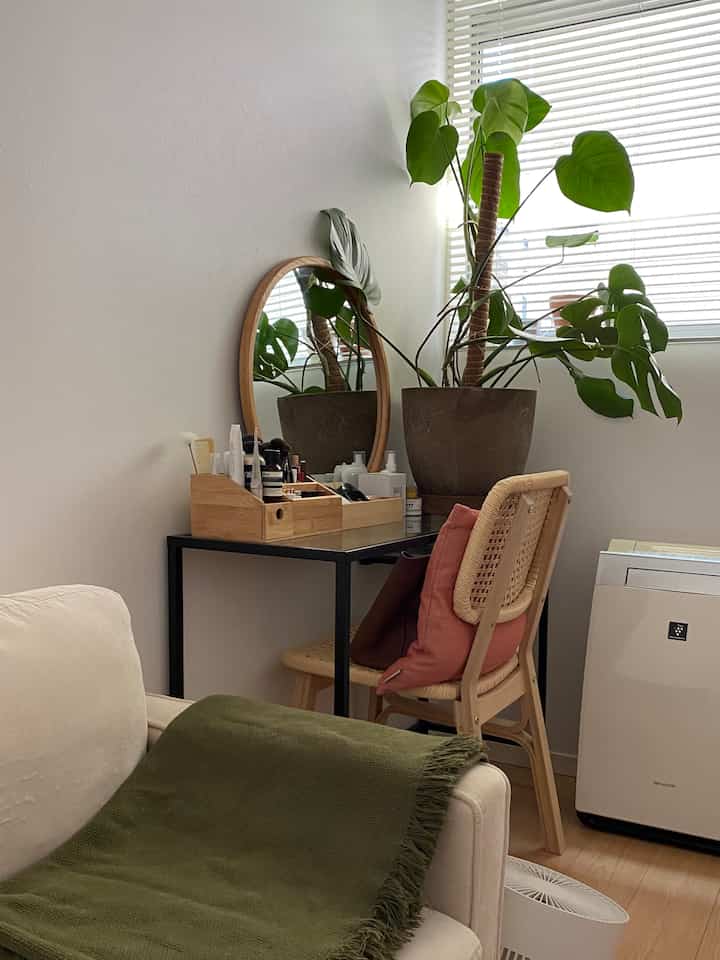 White-walled natural-toned living room featuring a beige sofa and large green plant with cozy atmosphere