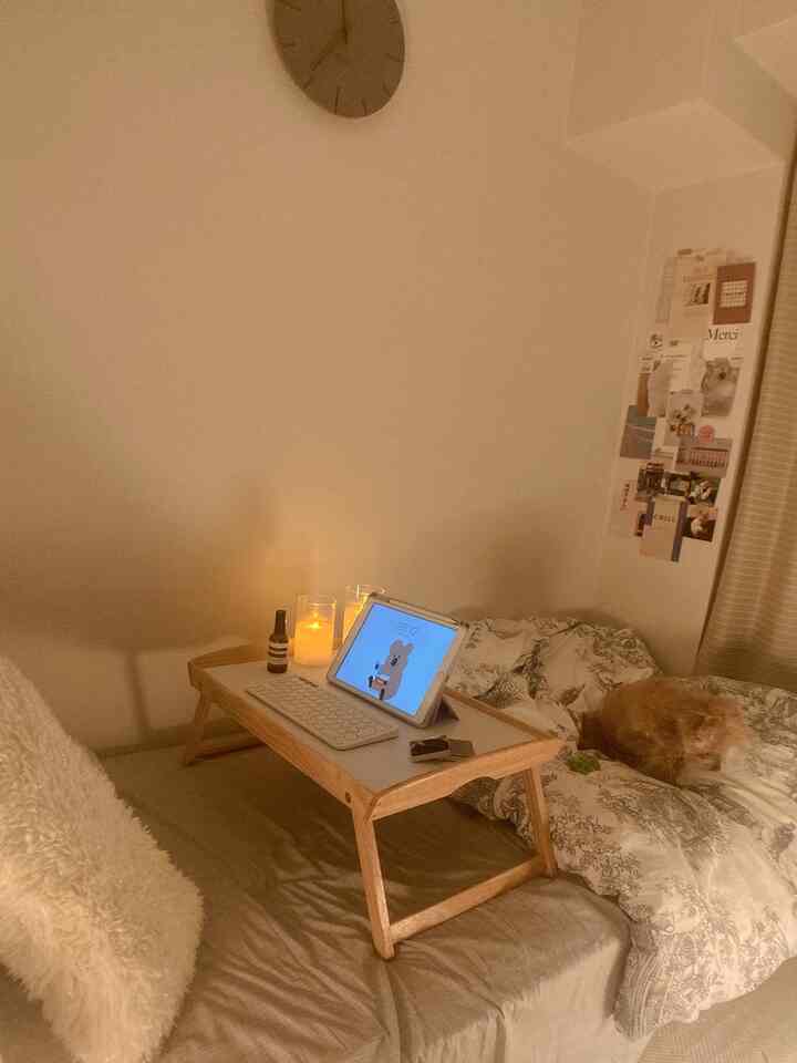 温かみのあるベージュトーンの寝室、木製トレイに置かれたiPadとキーボード、ベッドでくつろぐ犬がいる雰囲気のあるインテリア