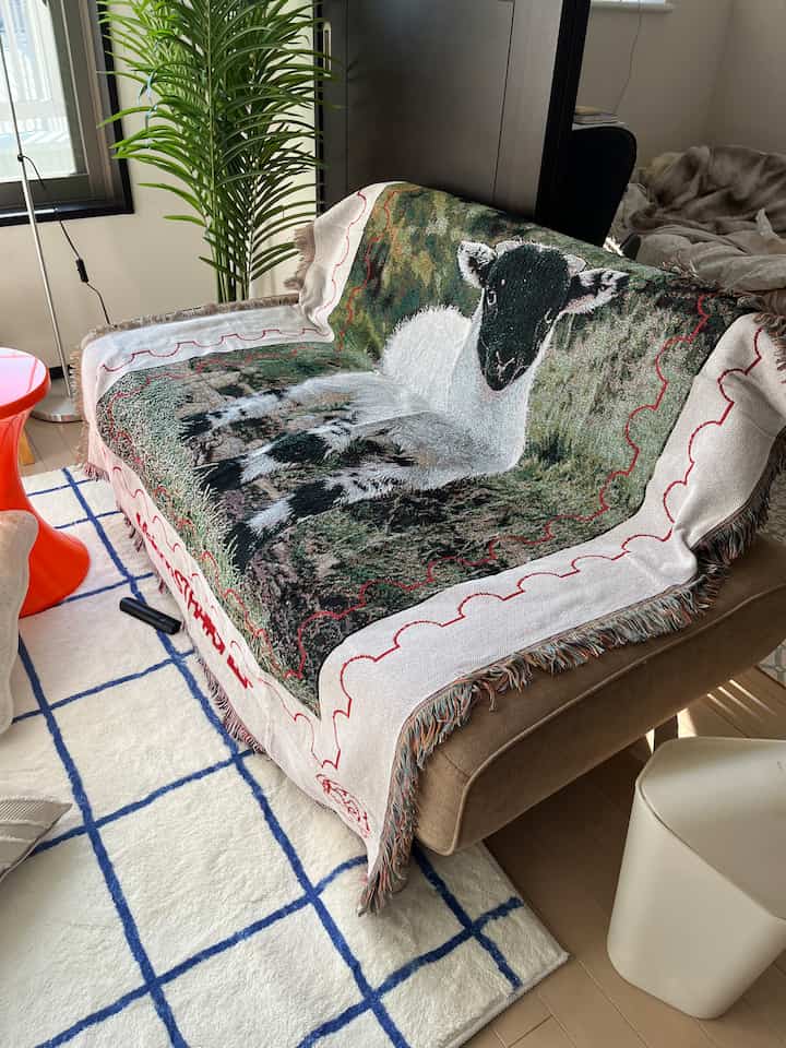 White and brown toned living room featuring a sofa with a sheep-pattern blanket and a grid-pattern rug, creating a cozy atmosphere