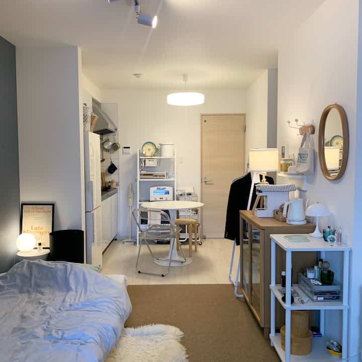 White and natural color toned compact 1K apartment featuring living room and kitchen with a small dining table and cabinetry in a neat setting
