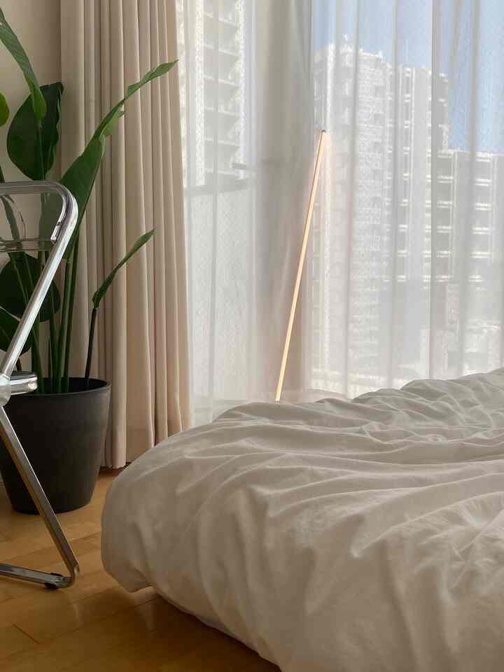 白とベージュの落ち着いた寝室、木目調の床と観葉植物が配置されたナチュラルな雰囲気のインテリア