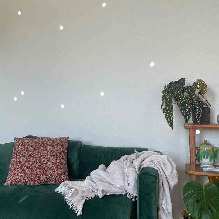 グリーンのベルベットソファにベージュのスローを掛け、アカシアの木製シェルフと植物が配置された自然な雰囲気のリビング