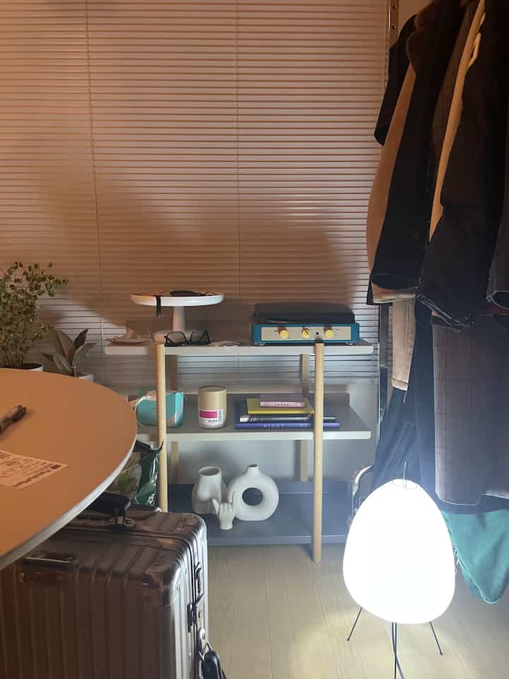 Brown tones and silver storage in a compact single household living room featuring a floor lamp and plants, creating a cozy atmosphere