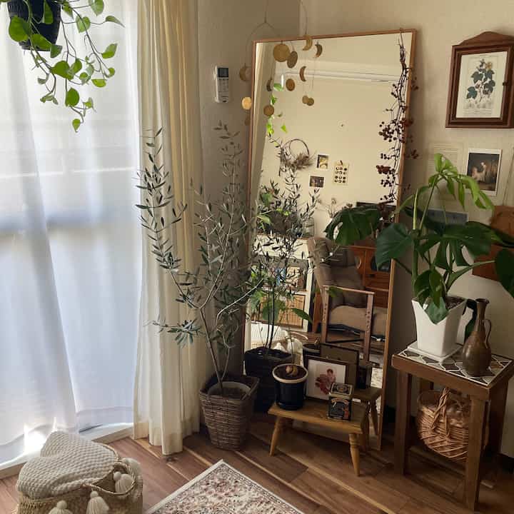 ナチュラルな木目調と白を基調とした、鏡と植物が配置された落ち着いたリビングスペース
