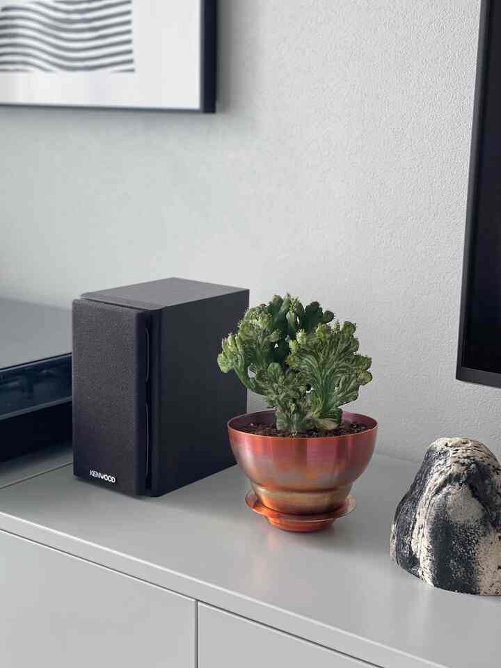 白いキャビネットの上に置かれた銅製の鉢植えと緑の観葉植物が配されたモダンなリビングのシンプルな空間
