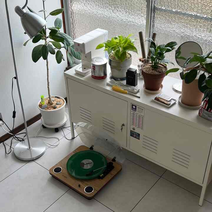 ホワイトトーンの横長ワンルーム、白いキャビネットの上に多様な植物とコーヒーマシン、レコードプレーヤーが配置されたモダンなインテリア