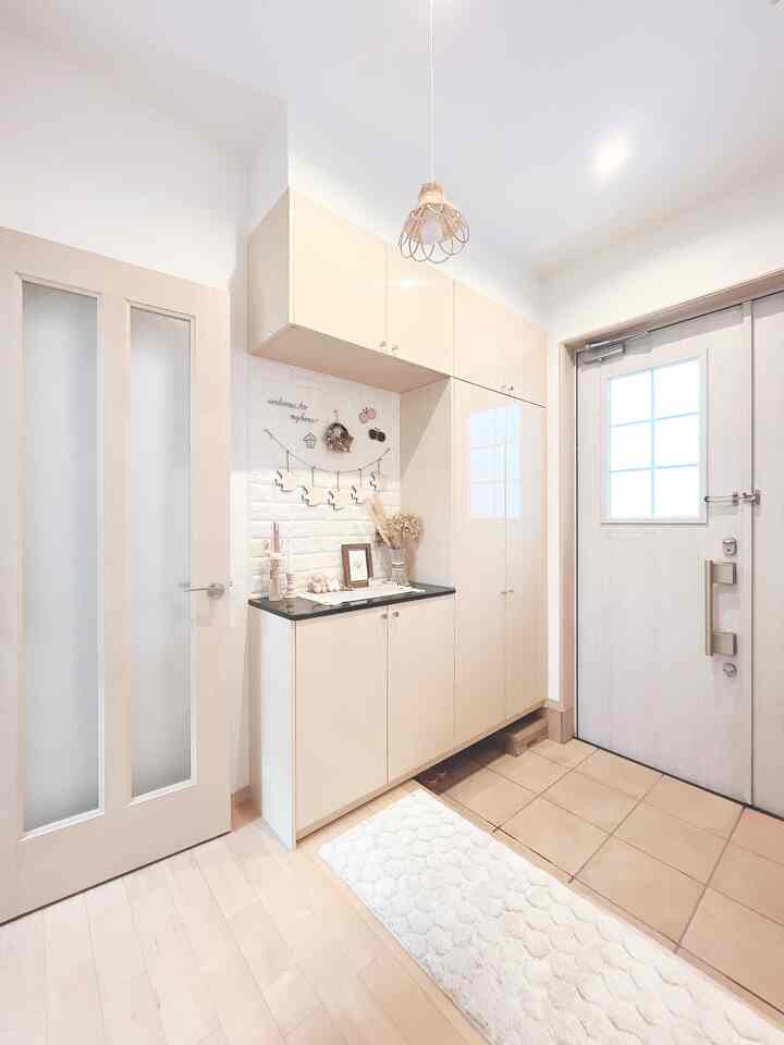 White and natural toned entrance featuring central cabinetry and a cozy textured rug on the floor