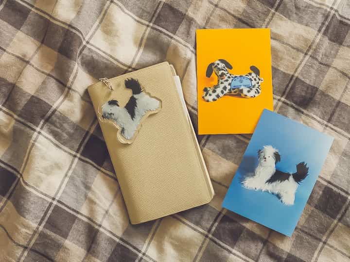 ベージュと茶色の寝具の上に犬の形のキーホルダーとノートが置かれた、印象的な雰囲気のある空間のクローズアップ