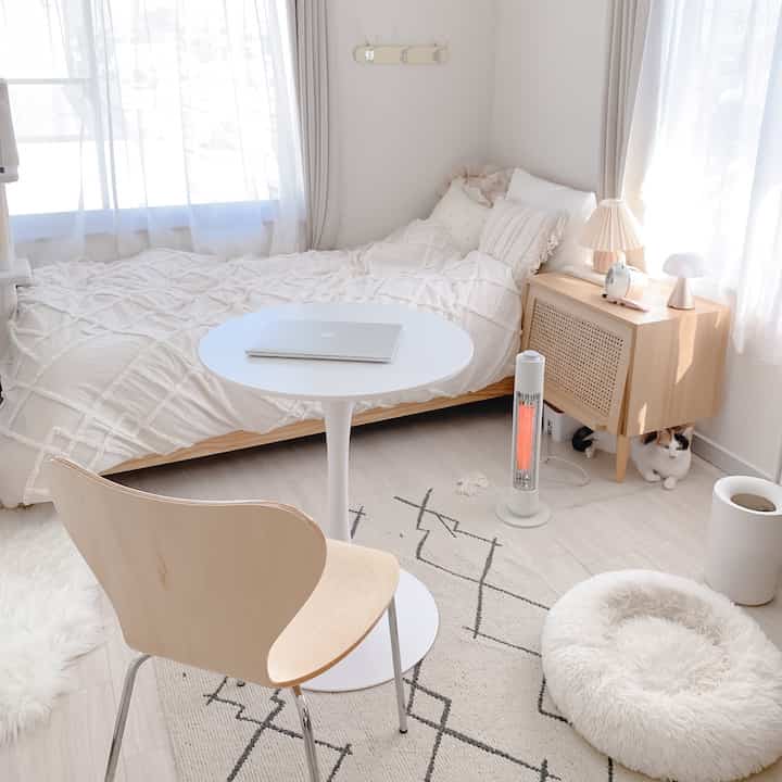 Natural style studio bedroom in white and wood tones, featuring a carbon heater and cozy pet area with a cat in a simple layout