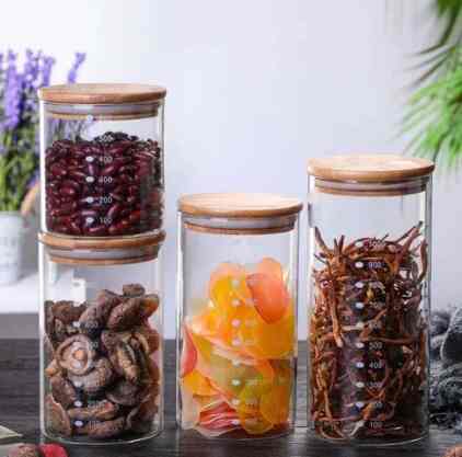 Toples Kaca makanan bulat dengan penutup kayu kedap udara