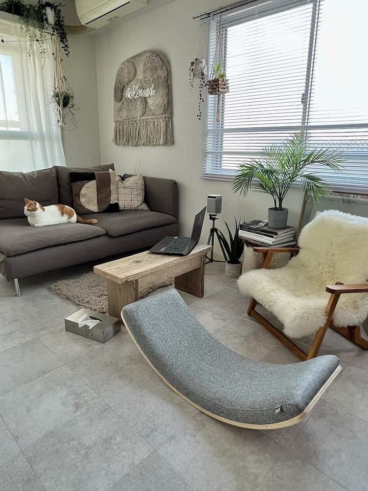 Gray and white toned living room featuring large sofa, wooden coffee table, armchair, and cat, with a natural cozy atmosphere